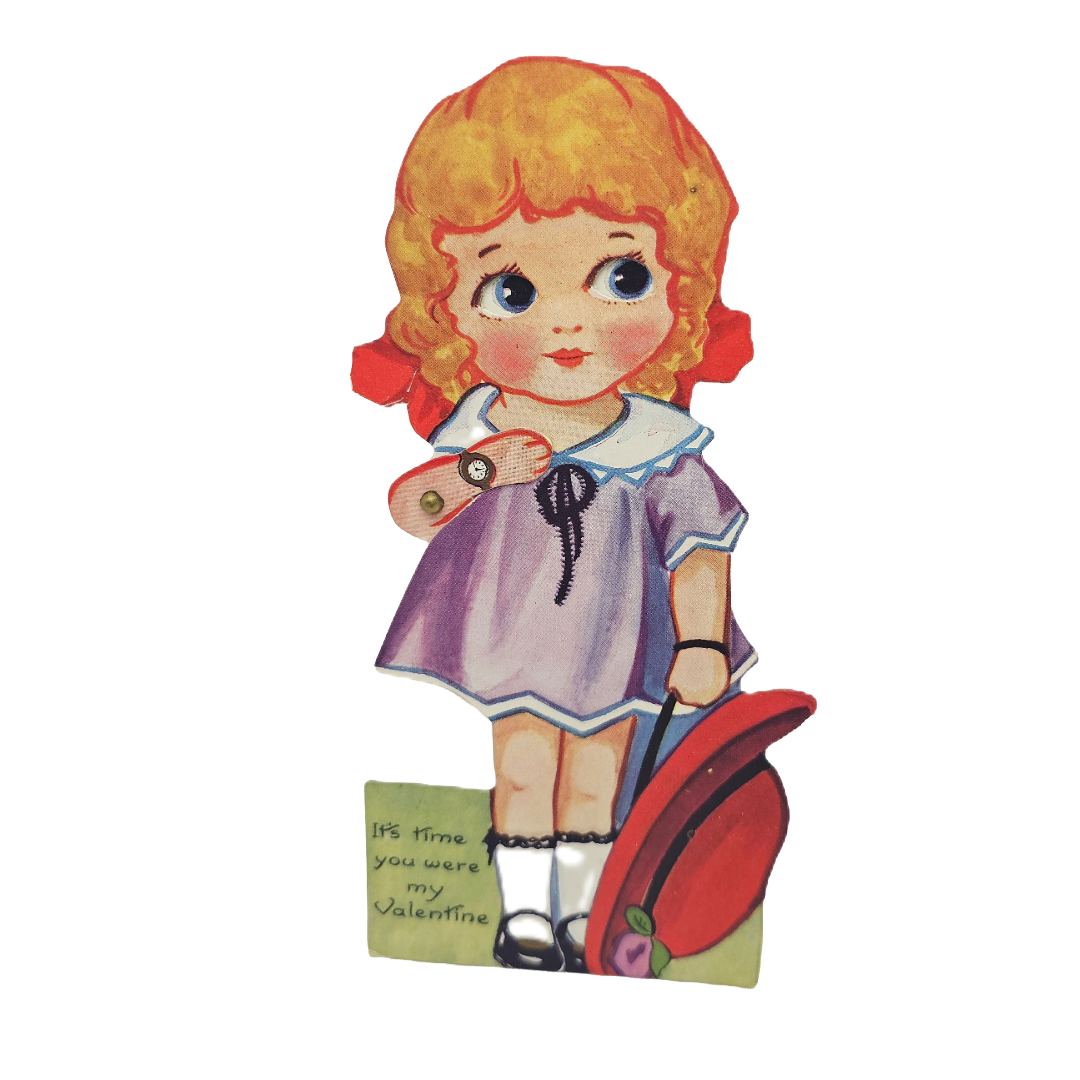 Mechanical Die Cut Valentine Card Little Girl w/ Hat Moving Eyes