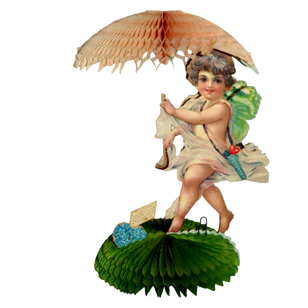 Valentine Die Cut Card Design by Brundage Stand Up 3D Honeycomb Cupid Angel Standing w/ Umbrella
