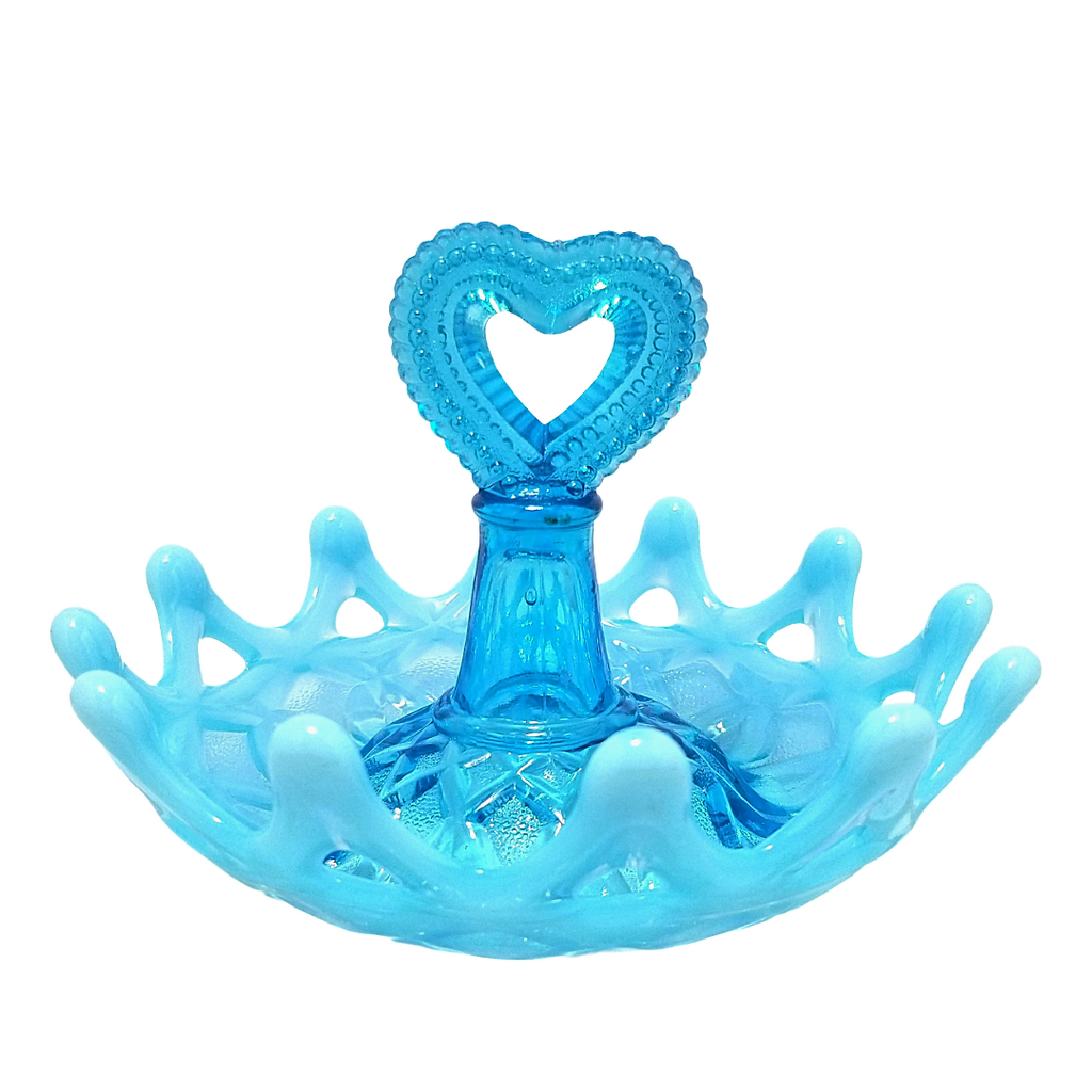 Northwood Blue Opal Open O’s Heart Handle Opalescent Glass Ring Holder