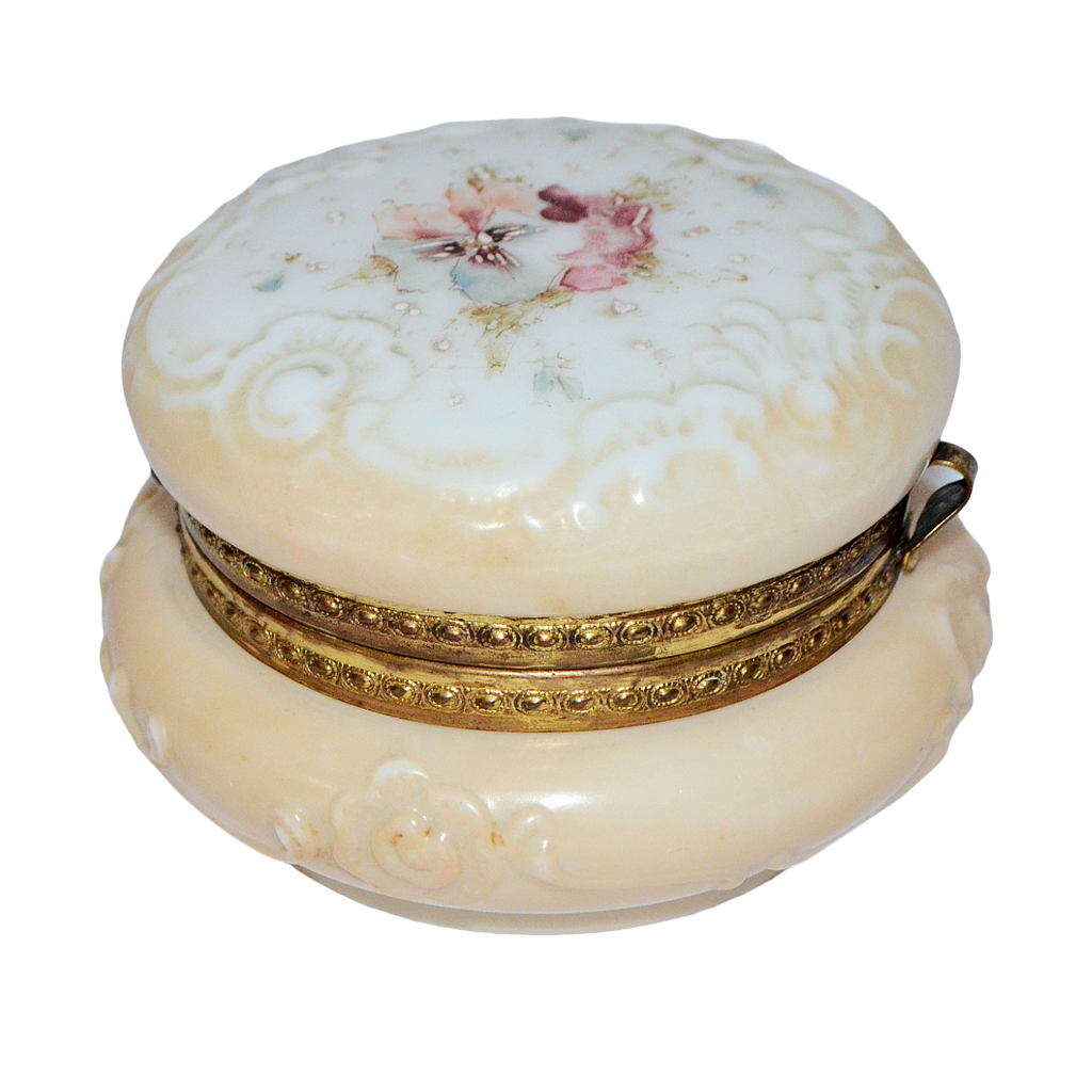 CF Monroe Wave Crest Art Glass Dresser Box Pansies & Scroll Vanity Jar