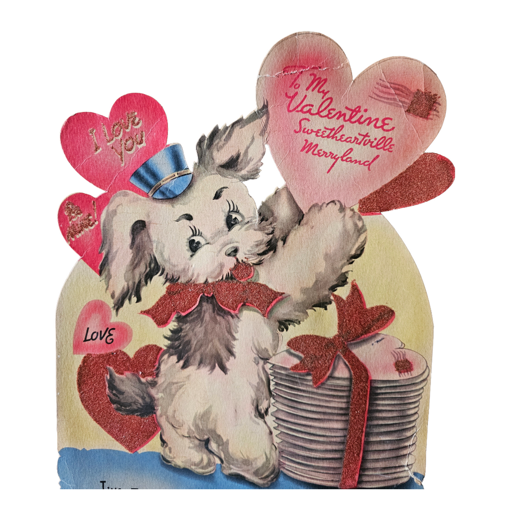 Large Vintage Die Cut Valentine Card 'Mailman' Puppy Dog Holding Heart Mail