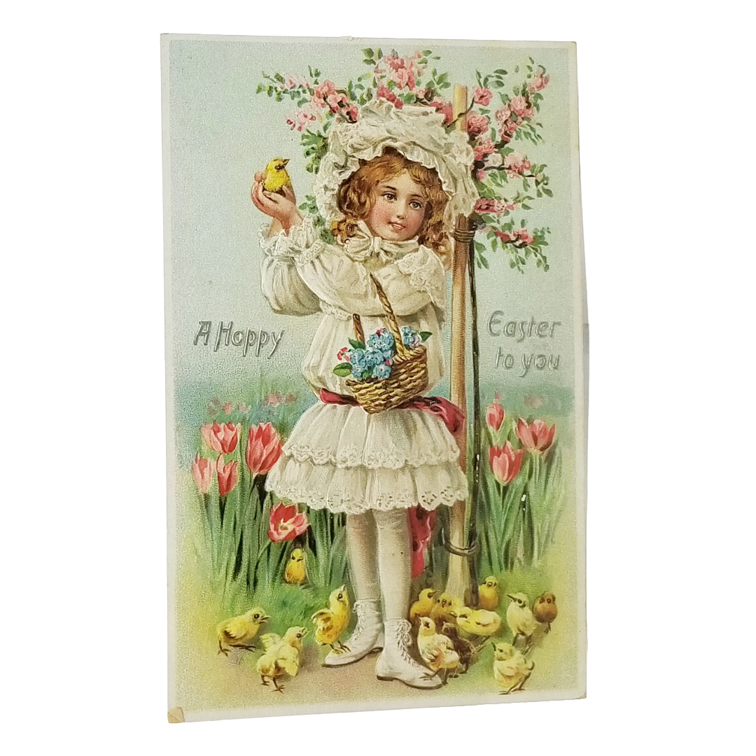 Easter Postcard Girl Flower Basket Tulips Forget Me Not Blossoms Chicks Tuck 700