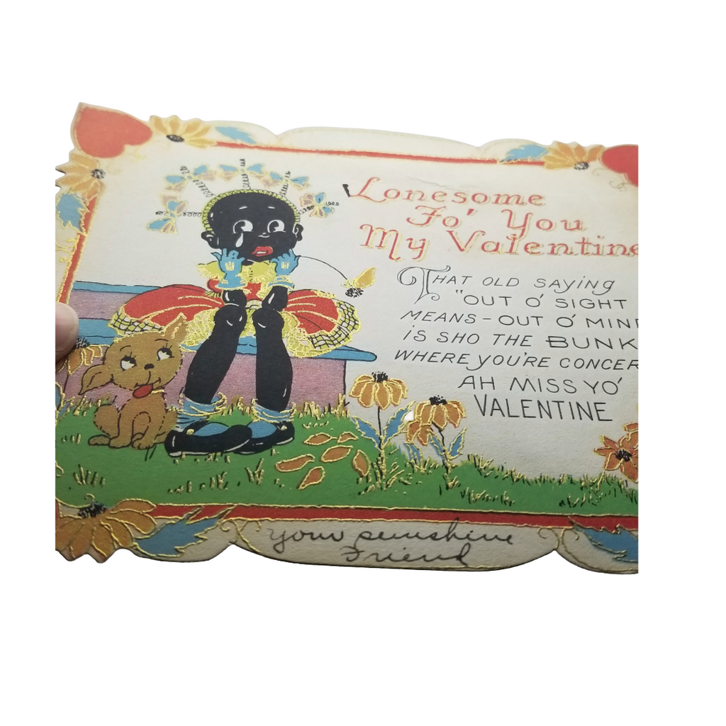 Vintage Valentine Die Cut African American Child with Puppy Dog & Hearts