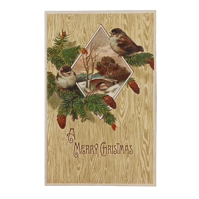 Christmas Postcard Birds with Pine Tree Branches Snowy Bridge PFB Series 7149