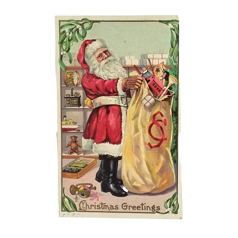 Christmas Postcard Santa Claus in Holding Bag of Toys