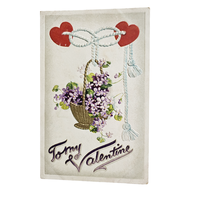 Vintage Valentine Antique Postcard, Gold Embossed Basket with Purple Flowers Red Hearts on Rope Series 2805