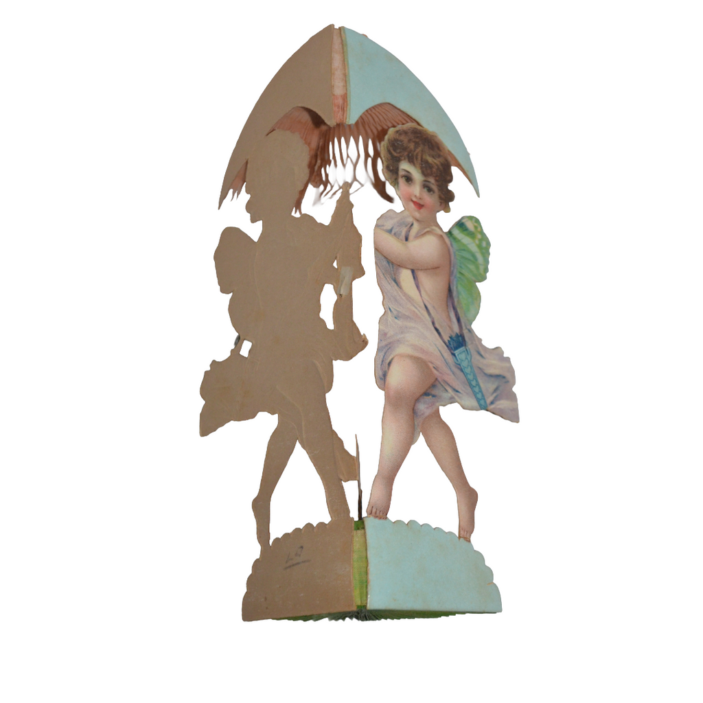 Valentine Die Cut Card Design by Brundage Stand Up 3D Honeycomb Cupid Angel Standing w/ Umbrella