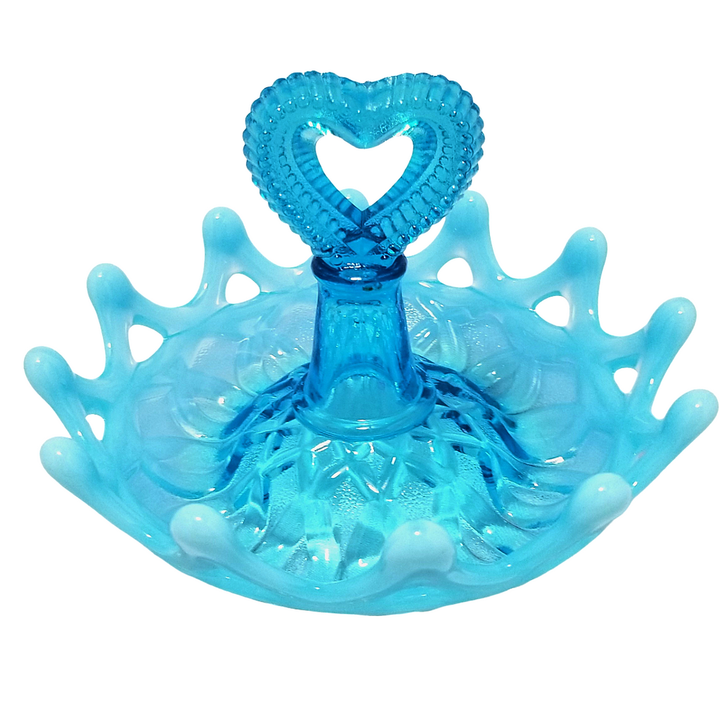 Northwood Blue Opal Open O’s Heart Handle Opalescent Glass Ring Holder