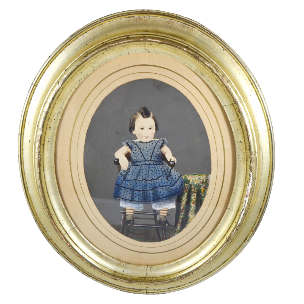 Folk Art Painted Tintype Photograph Portrait of Young Girl Seated in Windsor Chair Circa 1860-70