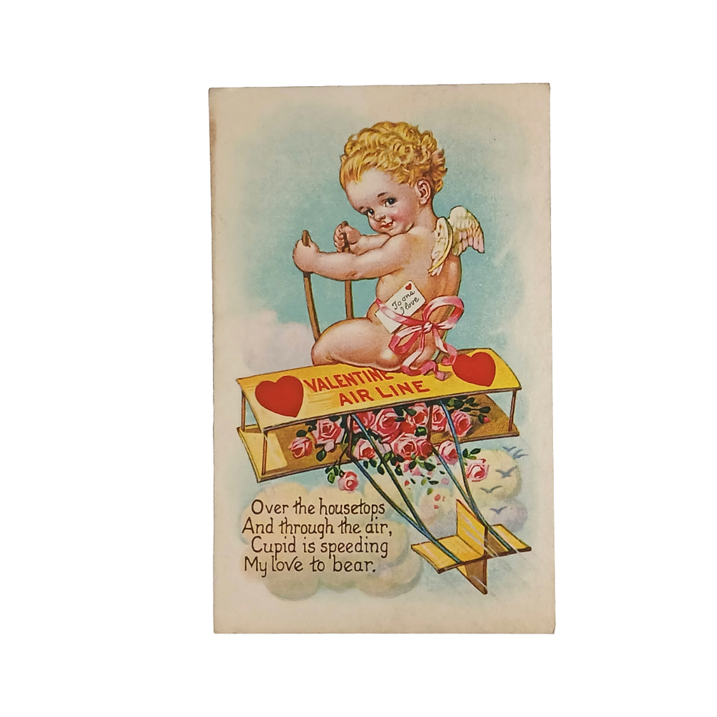 Valentine Postcard Cupid Piloting Bi-Plane Filled with Pink Roses
