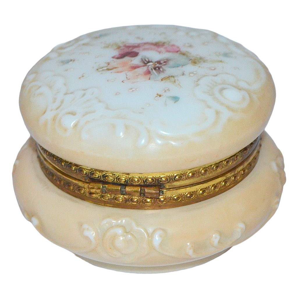 CF Monroe Wave Crest Art Glass Dresser Box Pansies & Scroll Vanity Jar