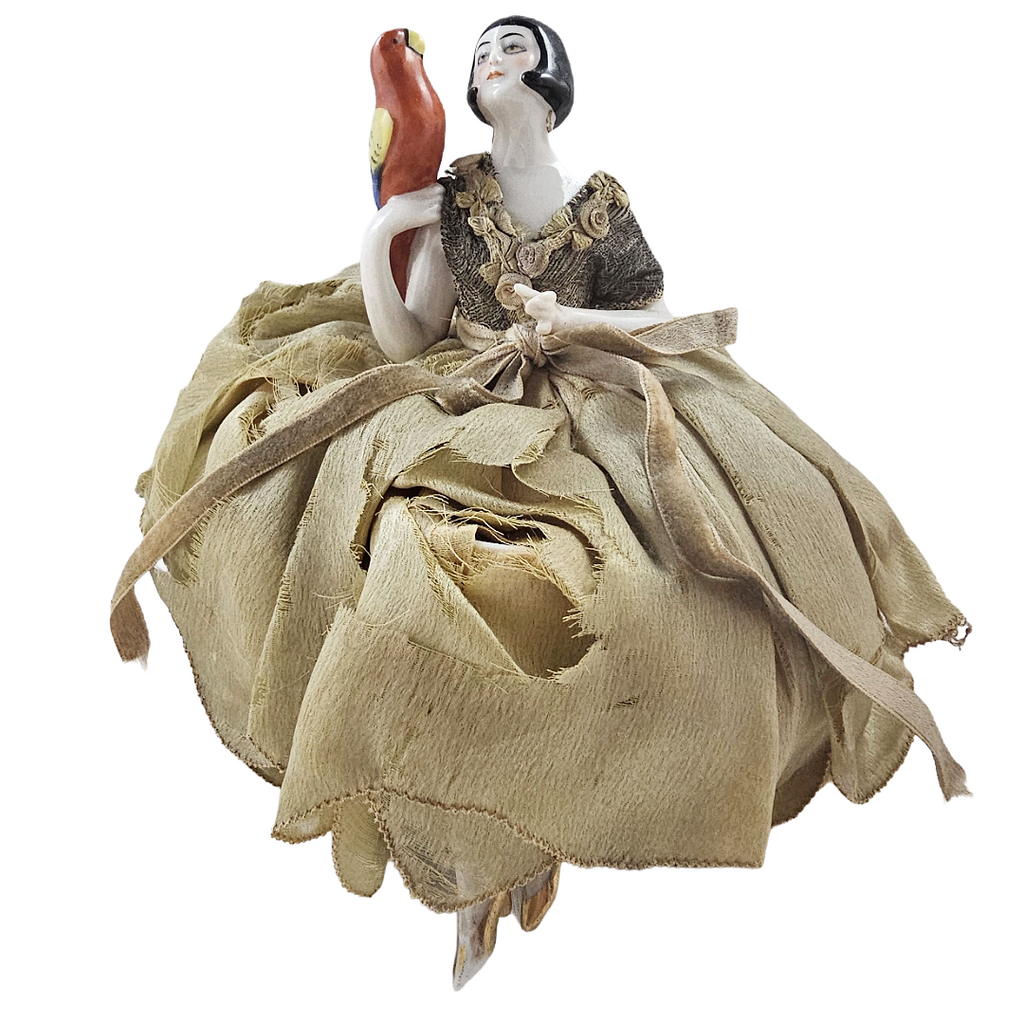 Rare Art Deco Flapper German Porcelain Half Doll with Parrot Bird on Pin Cushion with Legs