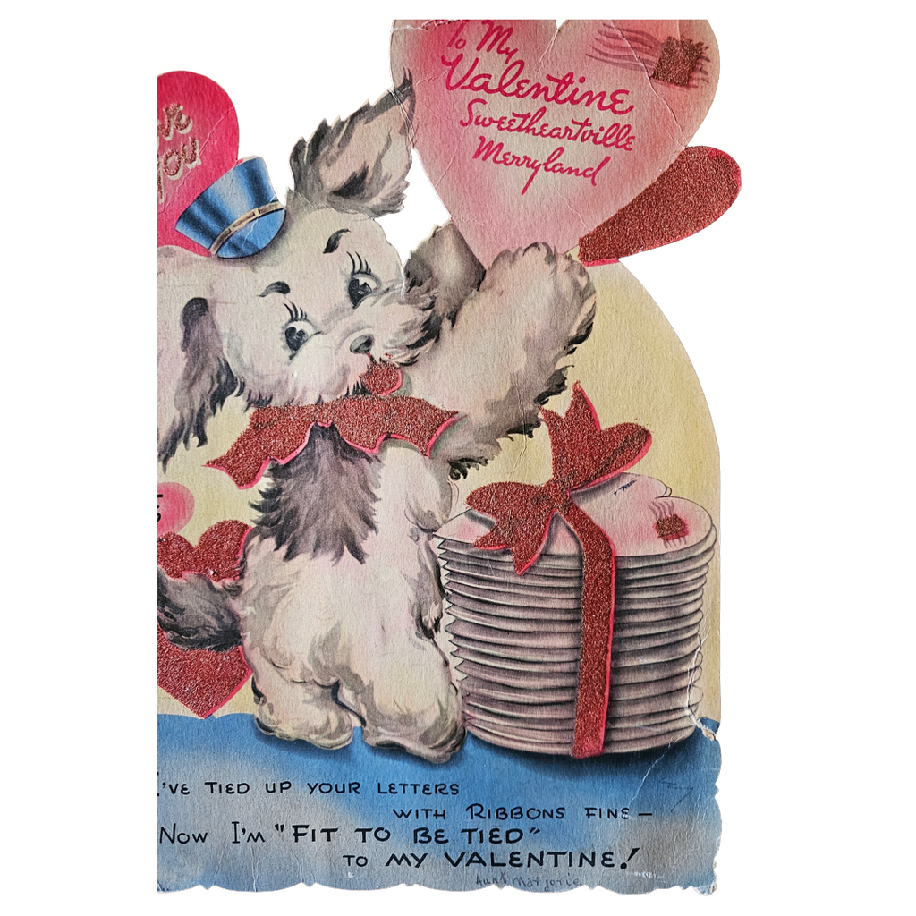 Large Vintage Die Cut Valentine Card 'Mailman' Puppy Dog Holding Heart Mail