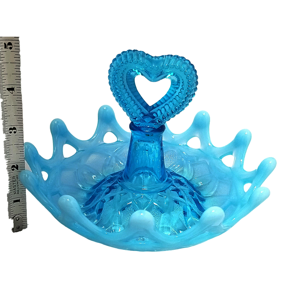 Northwood Blue Opal Open O’s Heart Handle Opalescent Glass Ring Holder