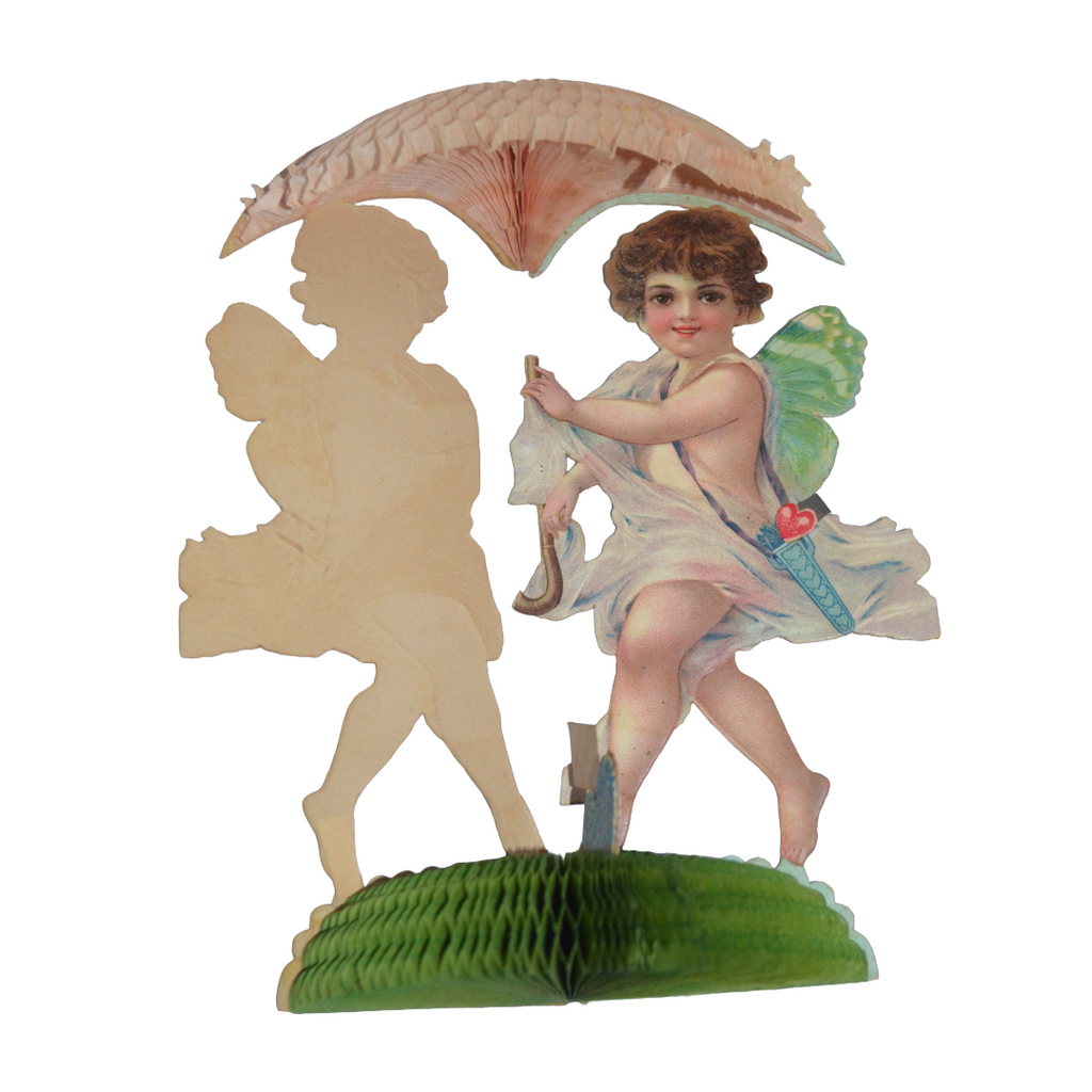 Valentine Die Cut Card Design by Brundage Stand Up 3D Honeycomb Cupid Angel Standing w/ Umbrella