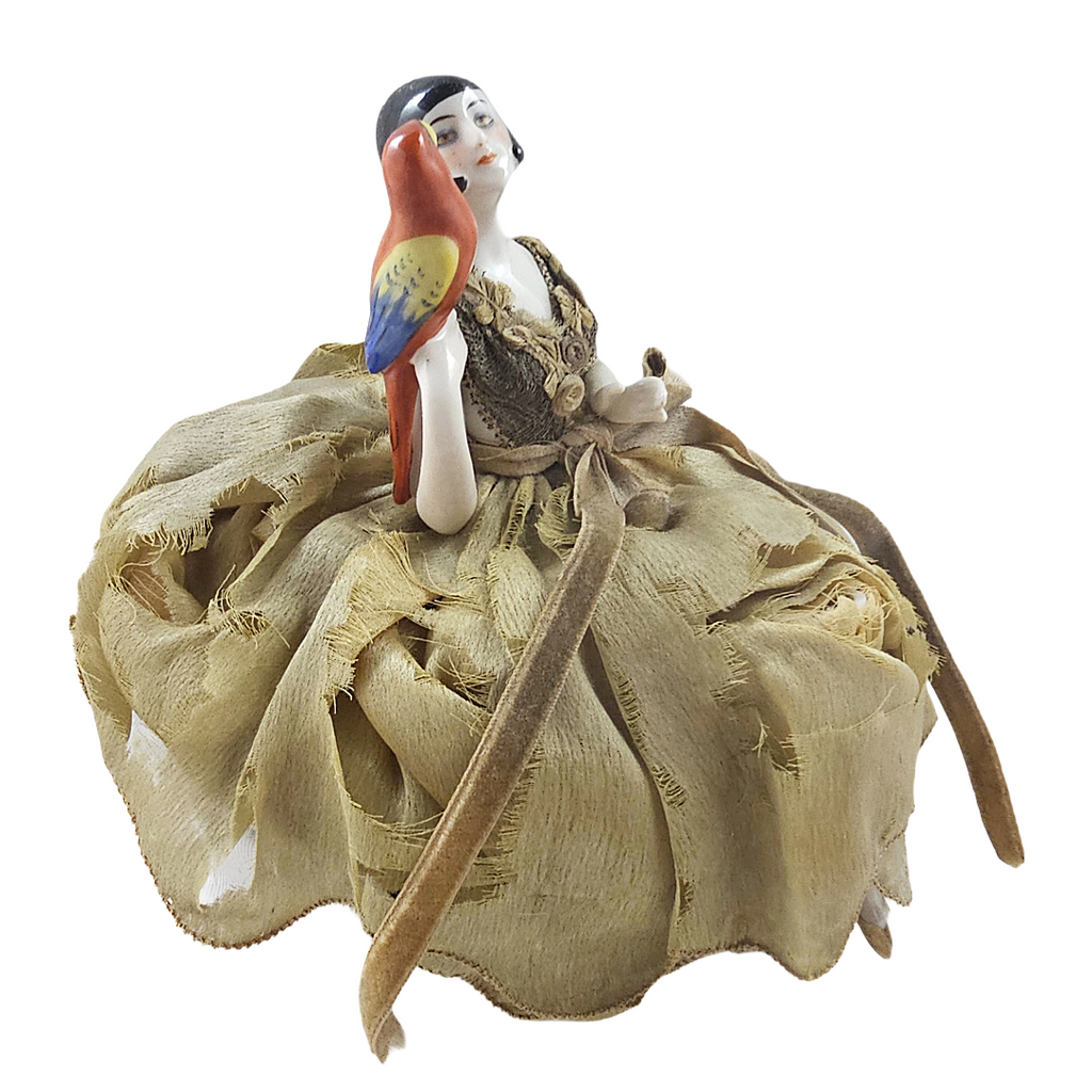Rare Art Deco Flapper German Porcelain Half Doll with Parrot Bird on Pin Cushion with Legs