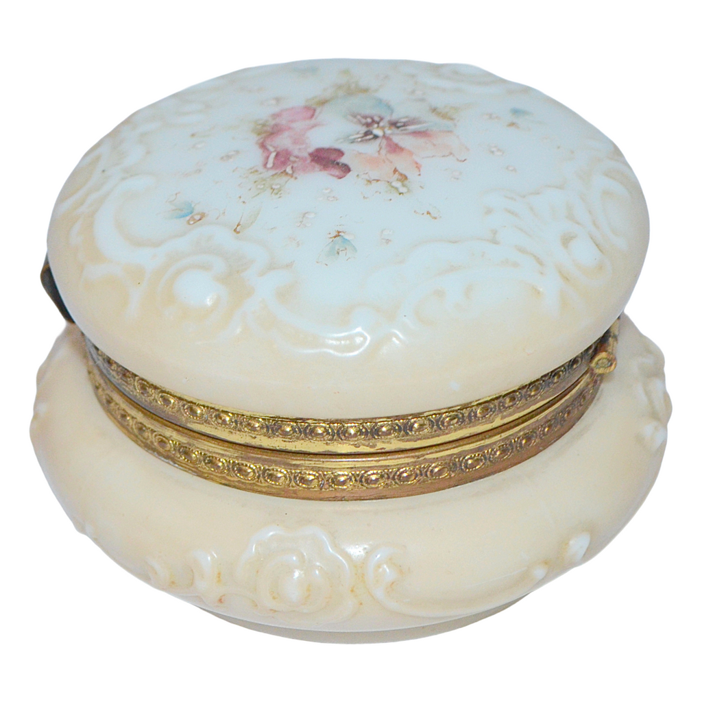 CF Monroe Wave Crest Art Glass Dresser Box Pansies & Scroll Vanity Jar