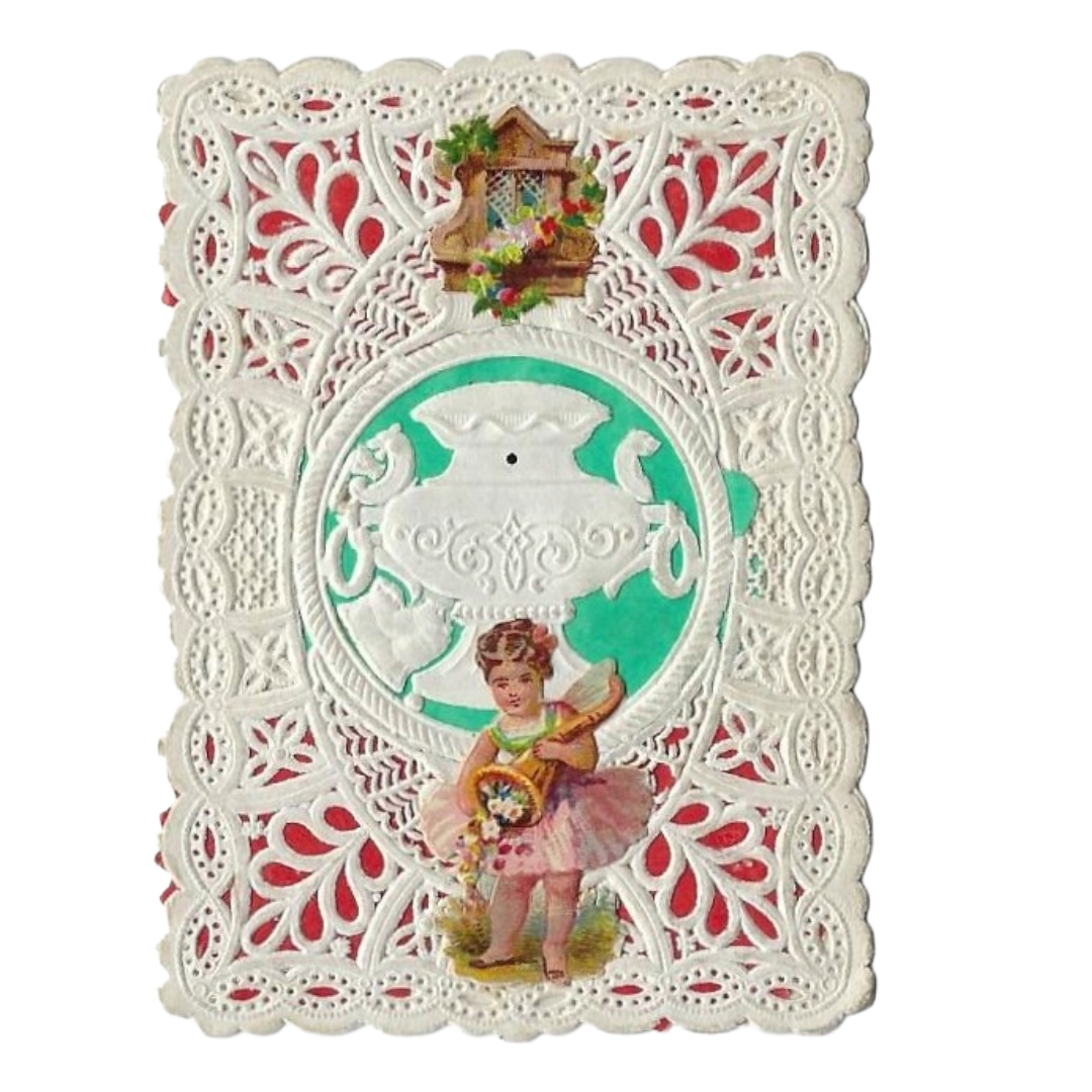 Antique 1800s Paper Lace Die Cut Valentine Card Embossed Cupid