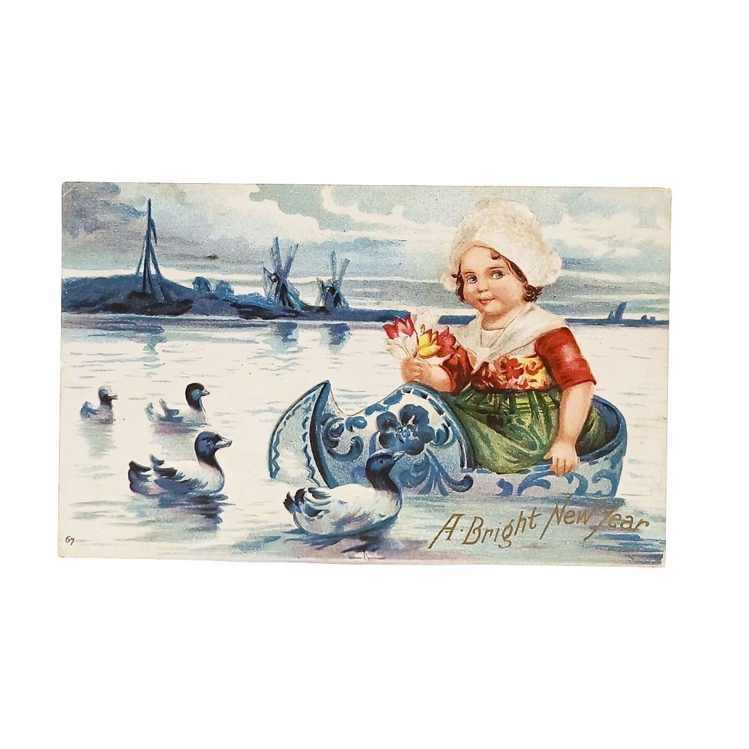 New Year Postcard Dutch Girl Floating In Giant Klompen w/Blue Ducks