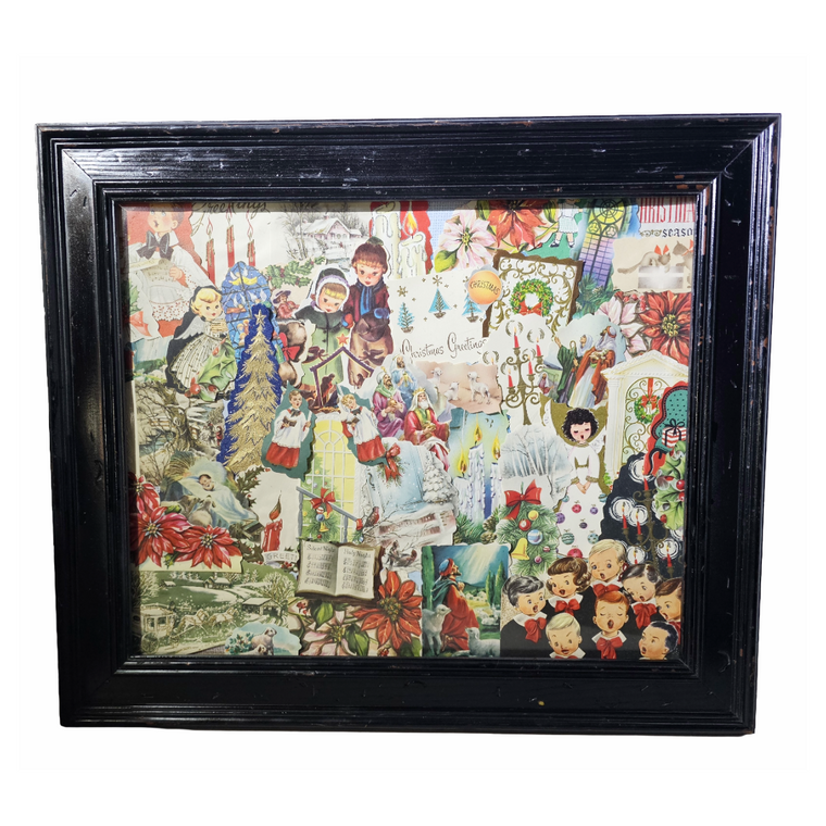Framed Mid Century MCM Vintage Christmas Card Collage Puzzle Art