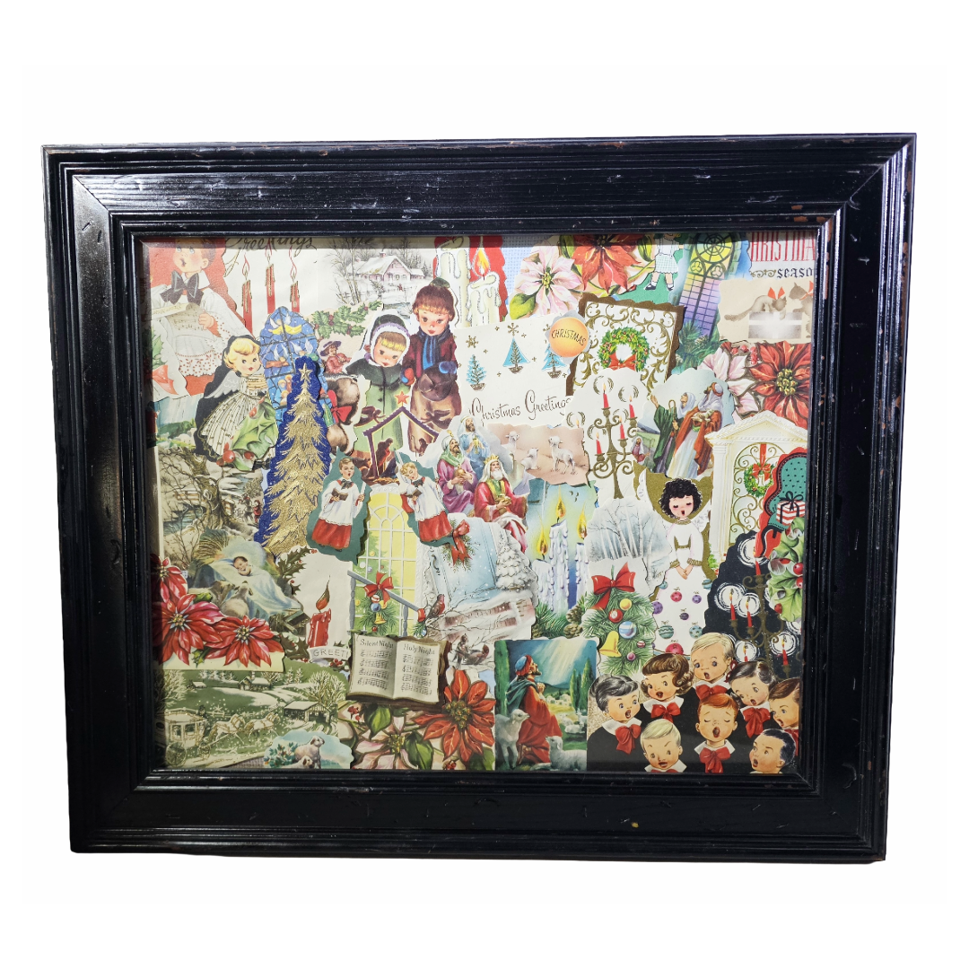 Framed Mid Century MCM Vintage Christmas Card Collage Puzzle Art