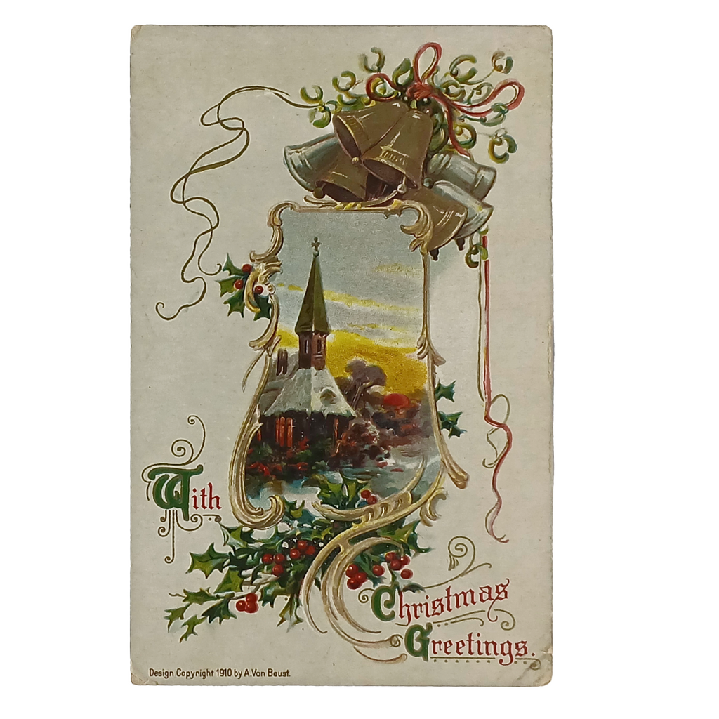 Christmas Postcard Gold Embossed Church & Bells Landscape in Snow Series 201