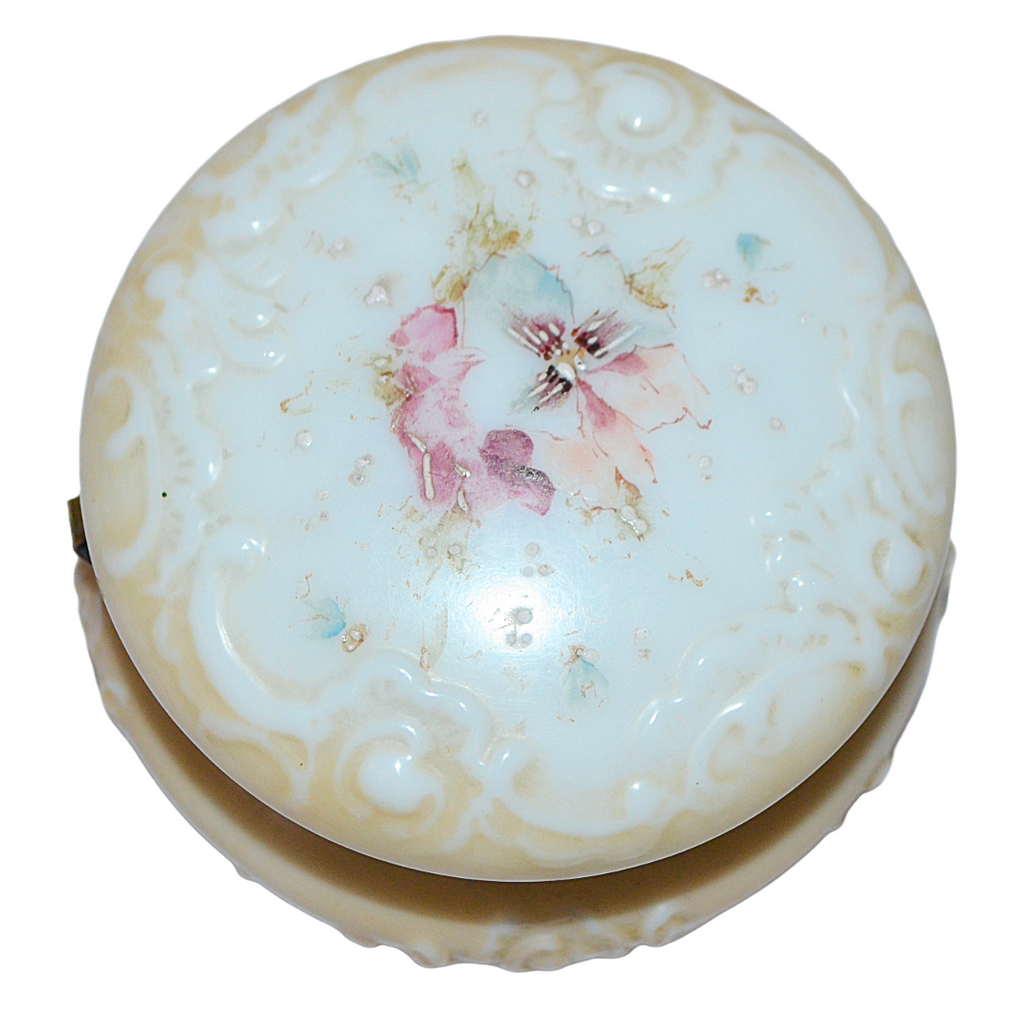 CF Monroe Wave Crest Art Glass Dresser Box Pansies & Scroll Vanity Jar