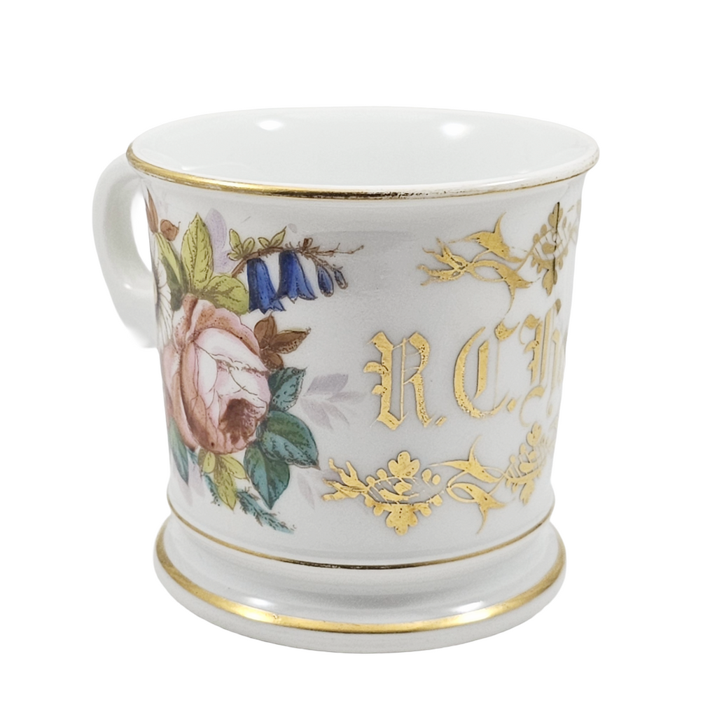 Antique French Porcelain Personalized Shaving Mug with Flowers