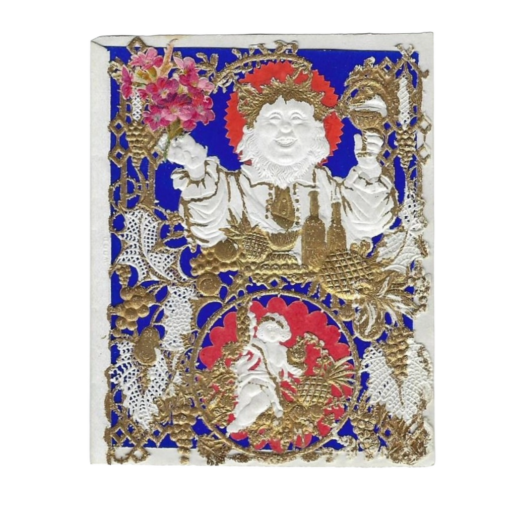 RARE Antique Valentine Card Wood & George Whitney 1800s Old King Cole with Cherub Paper Lace Gold Embellished