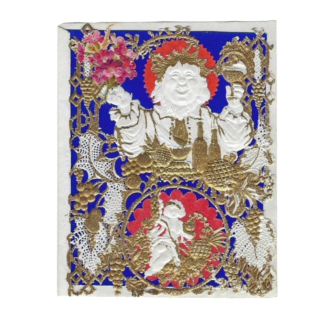 RARE Antique Valentine Card Wood & George Whitney 1800s Old King Cole with Cherub Paper Lace Gold Embellished