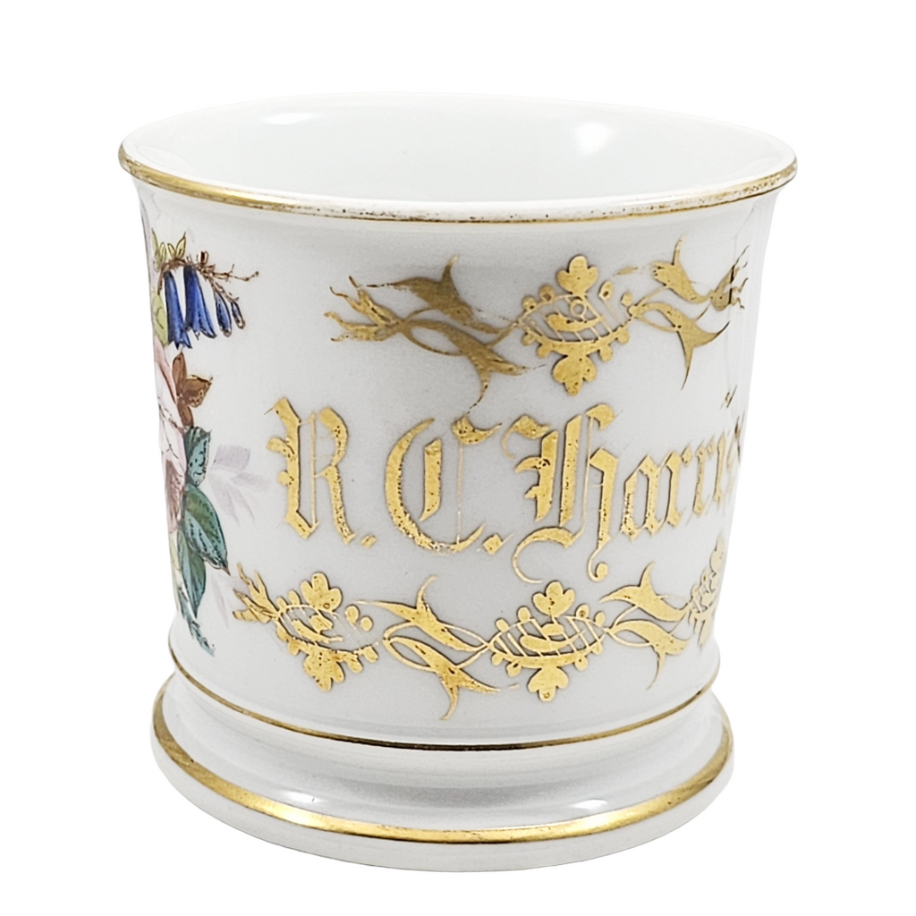 Antique French Porcelain Personalized Shaving Mug with Flowers