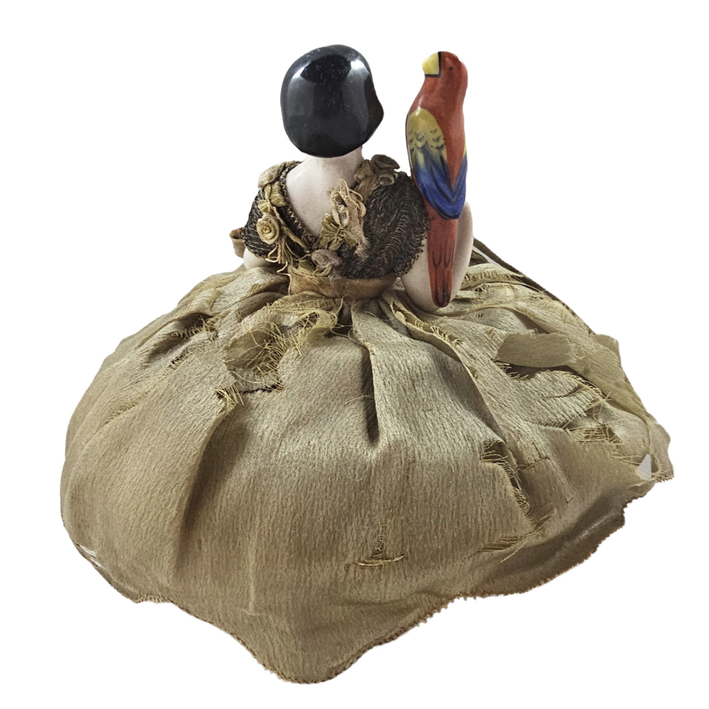Rare Art Deco Flapper German Porcelain Half Doll with Parrot Bird on Pin Cushion with Legs