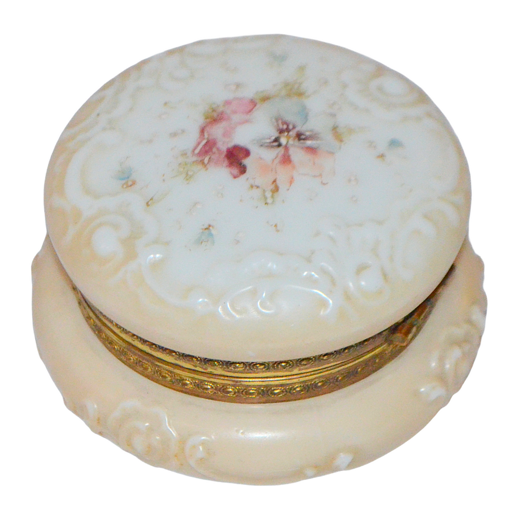 CF Monroe Wave Crest Art Glass Dresser Box Pansies & Scroll Vanity Jar