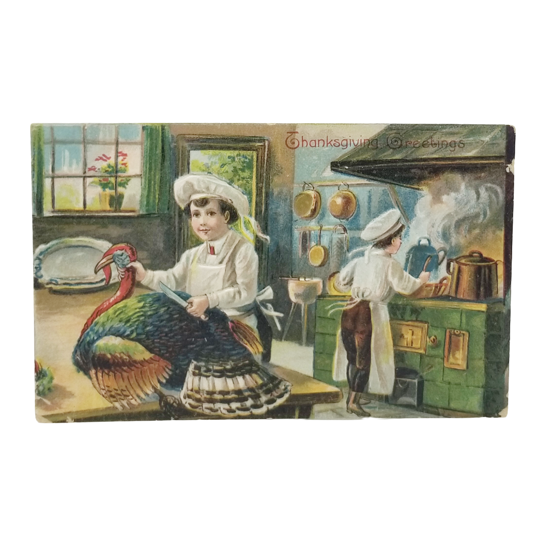 Thanksgiving Postcard Children Chefs Preparing Turkey Feast Series 741