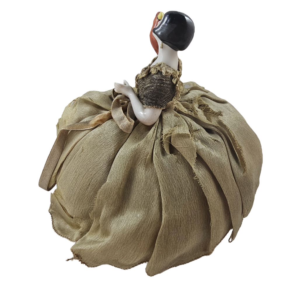 Rare Art Deco Flapper German Porcelain Half Doll with Parrot Bird on Pin Cushion with Legs