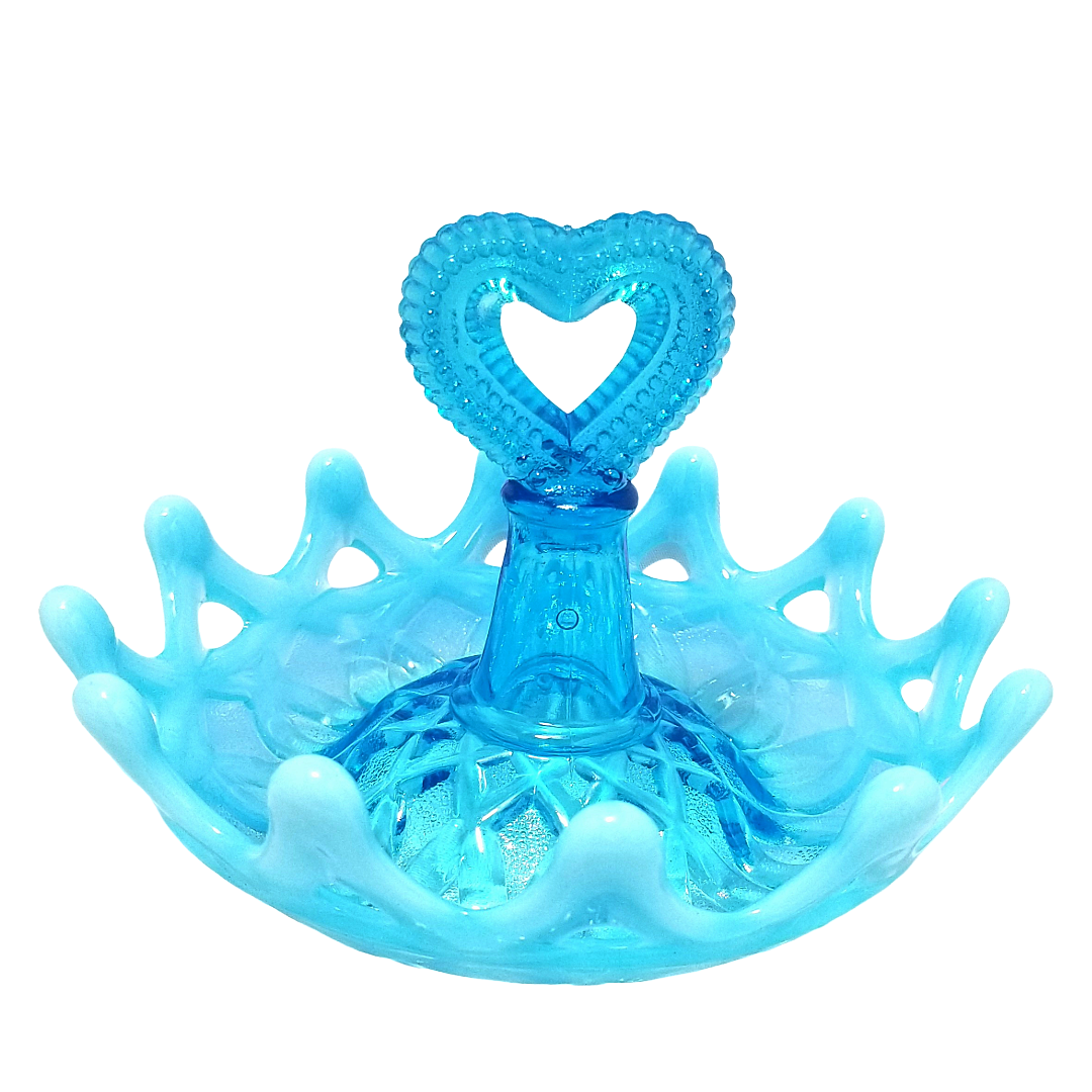 Northwood Blue Opal Open O’s Heart Handle Opalescent Glass Ring Holder