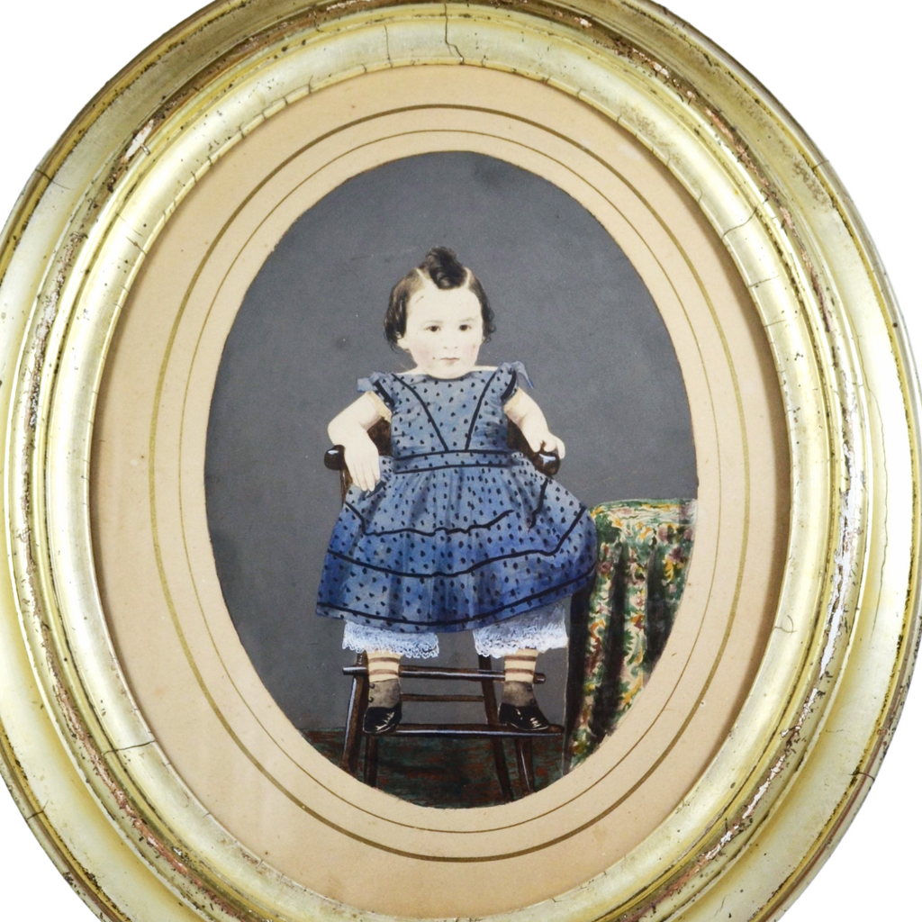 Folk Art Painted Tintype Photograph Portrait of Young Girl Seated in Windsor Chair Circa 1860-70