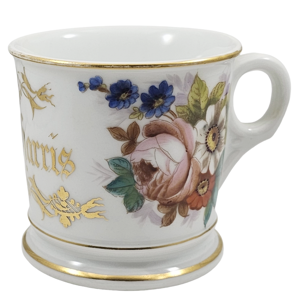 Antique French Porcelain Personalized Shaving Mug with Flowers