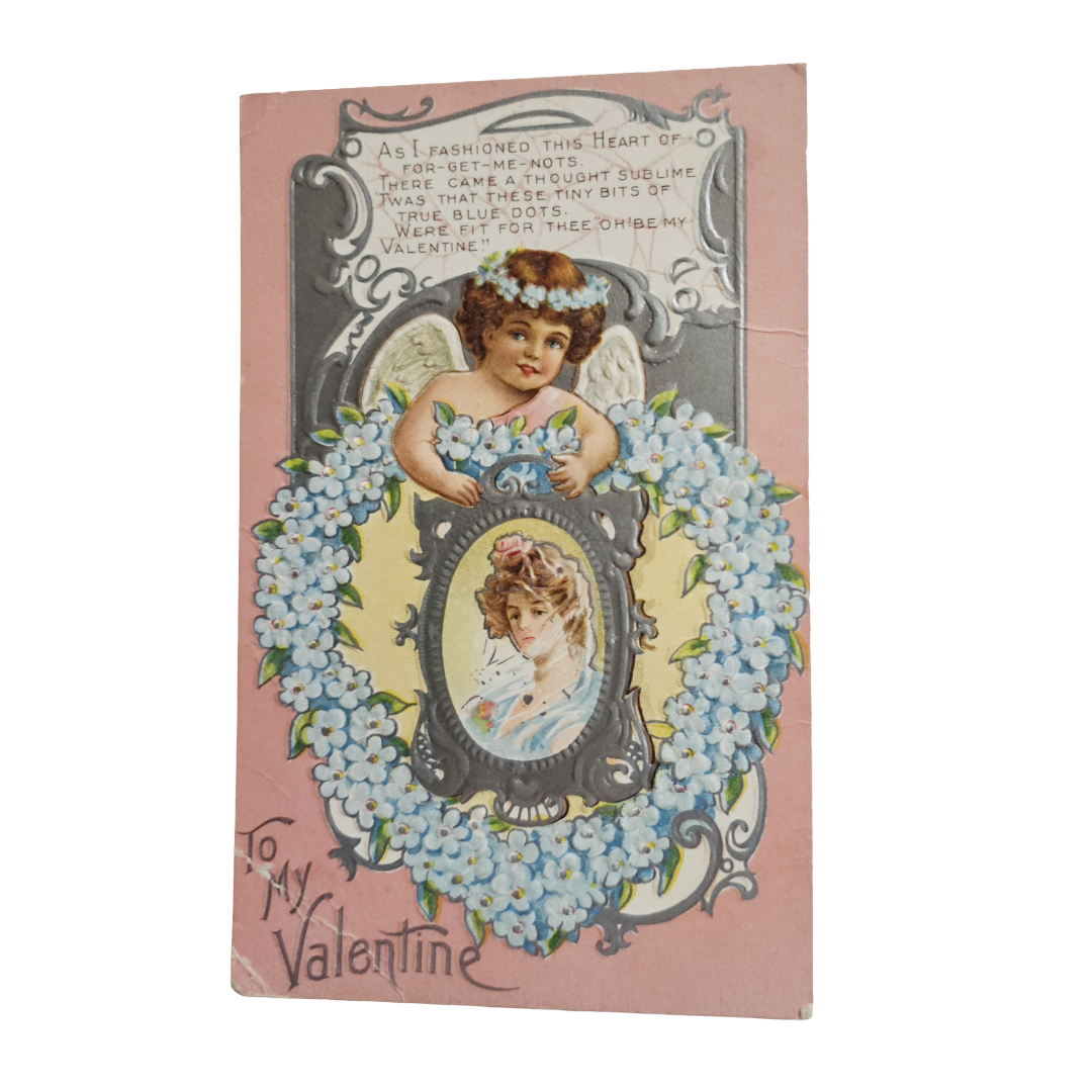 Valentine Postcard Cupid Art Nouveau Woman Silver Background Series 1