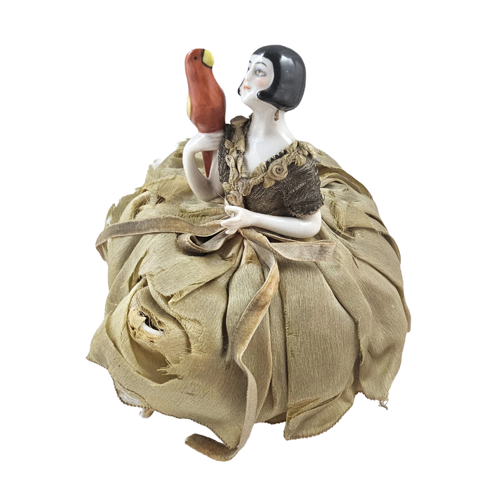 Rare Art Deco Flapper German Porcelain Half Doll with Parrot Bird on Pin Cushion with Legs