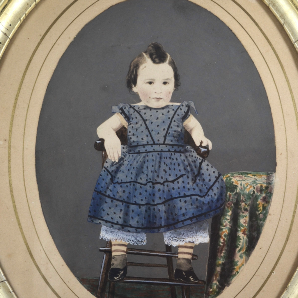 Folk Art Painted Tintype Photograph Portrait of Young Girl Seated in Windsor Chair Circa 1860-70