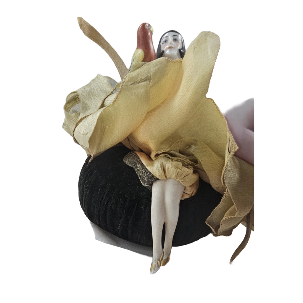 Rare Art Deco Flapper German Porcelain Half Doll with Parrot Bird on Pin Cushion with Legs