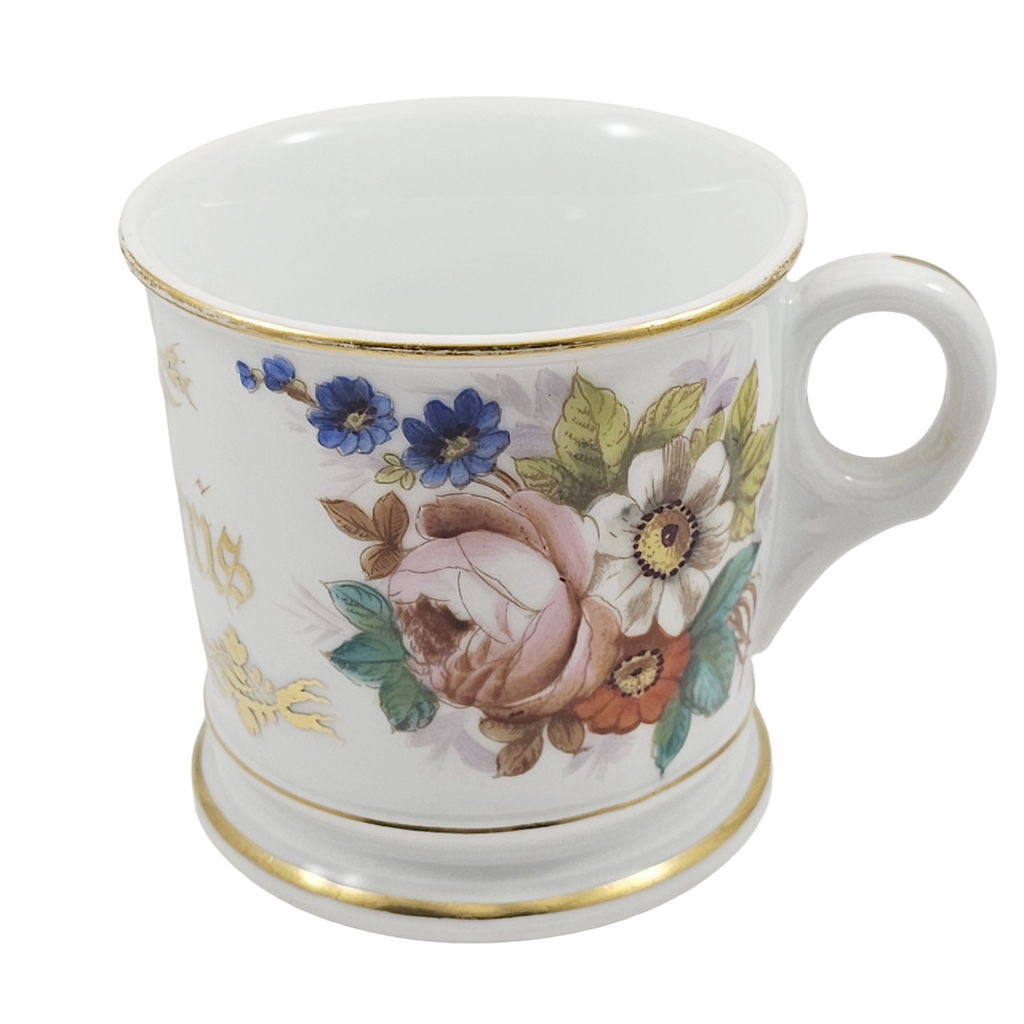 Antique French Porcelain Personalized Shaving Mug with Flowers