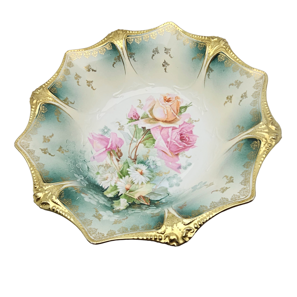 RS Prussia Bowl German Porcelain Mold 83 Gold with Roses