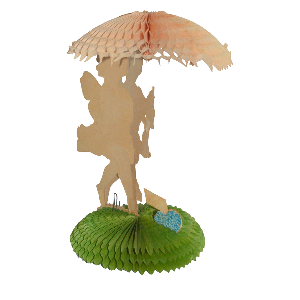 Valentine Die Cut Card Design by Brundage Stand Up 3D Honeycomb Cupid Angel Standing w/ Umbrella