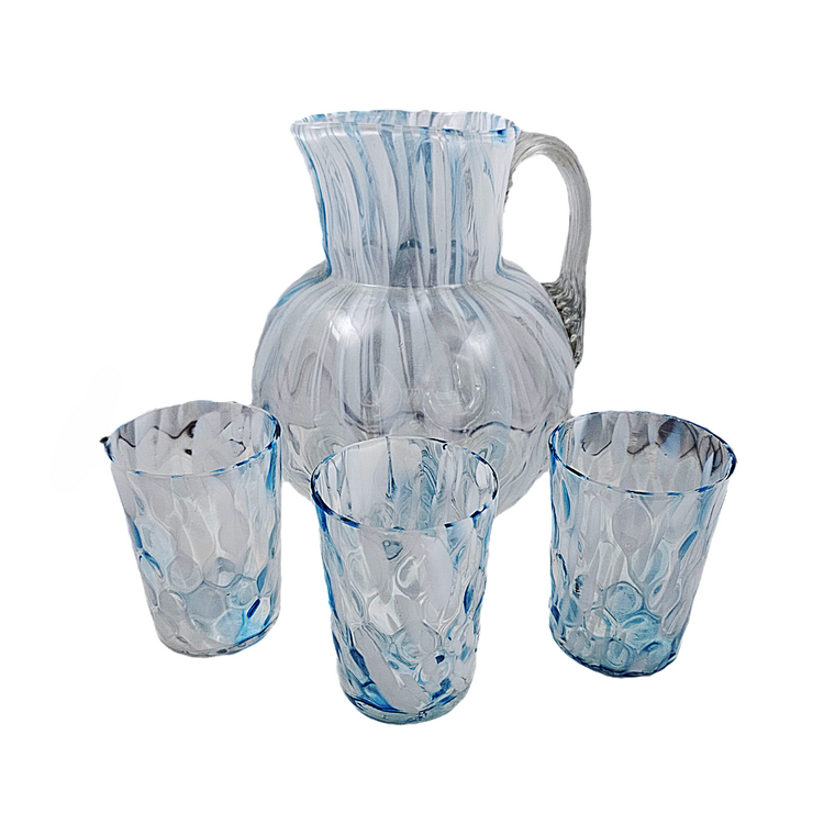 Phoenix Spot Optic Spatter Glass Four Piece Water Set Pitcher Tumblers Opal Blue