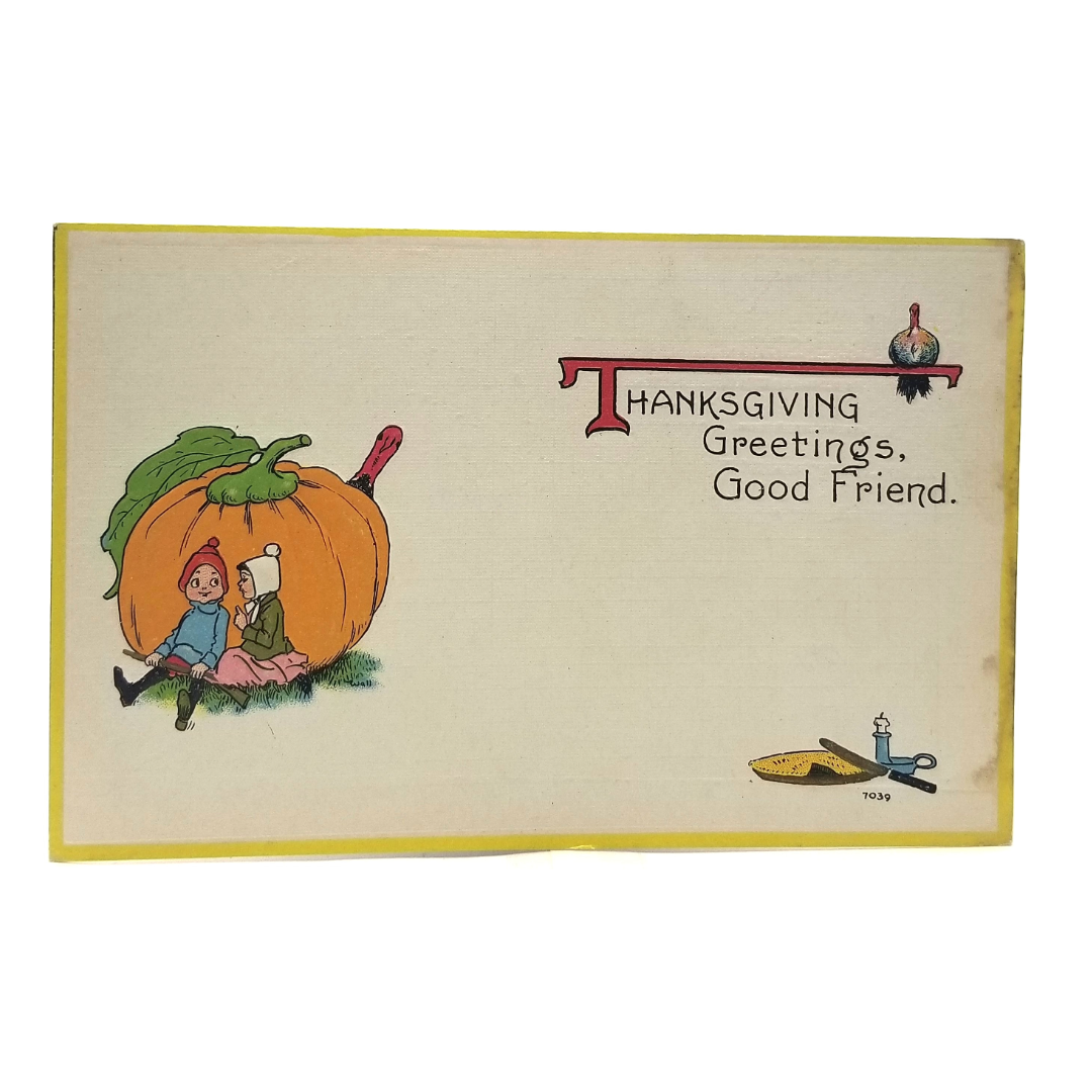 Thanksgiving Postcard Children w/ Giant Pumpkin Series 910