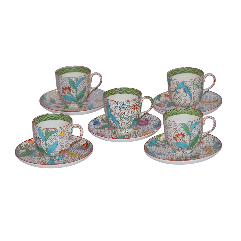 Wedgwood Demitasse 10 PC Cup Saucer Set HP Enamel Birds w/ Flowers