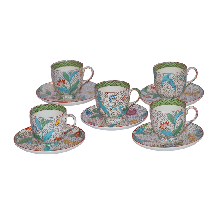Wedgwood Demitasse 10 PC Cup Saucer Set HP Enamel Birds w/ Flowers