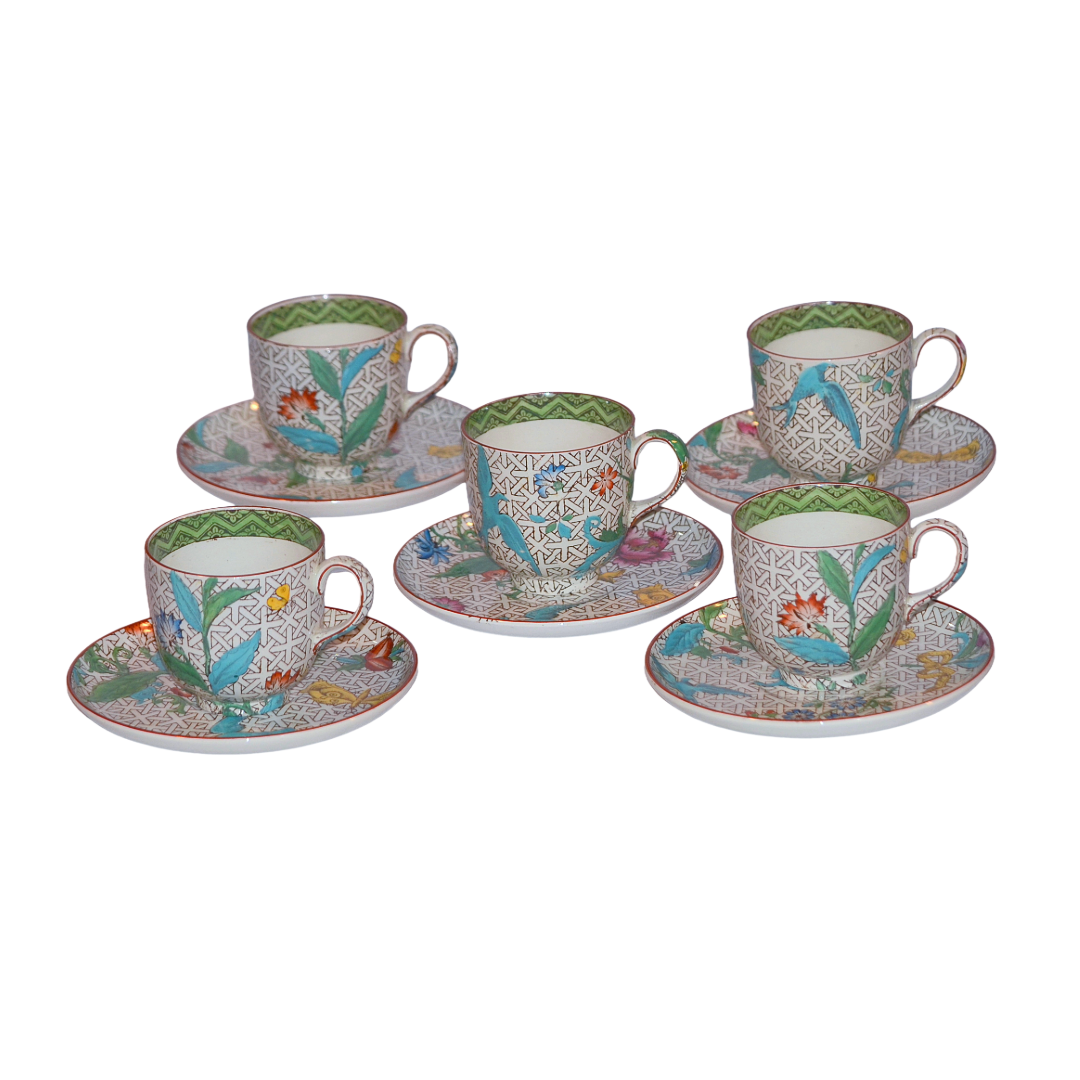 Wedgwood Demitasse 10 PC Cup Saucer Set HP Enamel Birds w/ Flowers